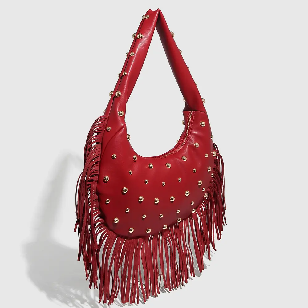 Half Moon Tassel Cloud Bag Fashion Rivet Shoulder Bags for Women Soft PU Leather Handbag and Purses Punk Underarm Bag Clutch NEW
