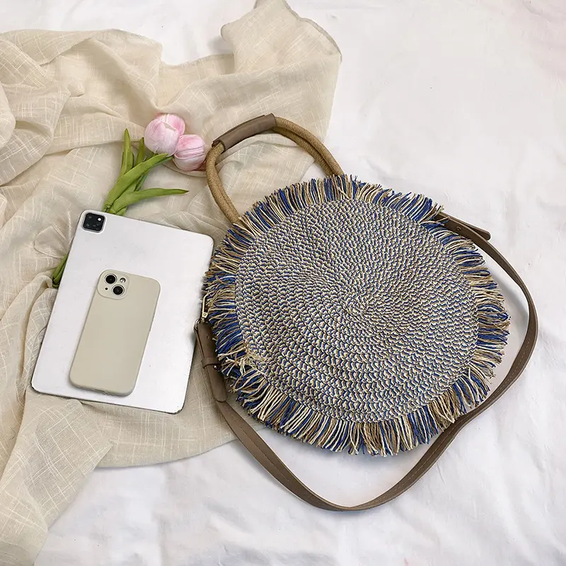 Summer Tassel Round Straw Bag Handmade Crochet Women Shoulder Bag Travel Beach Bags for Women 2025 Handbag Knitting Woven Bags