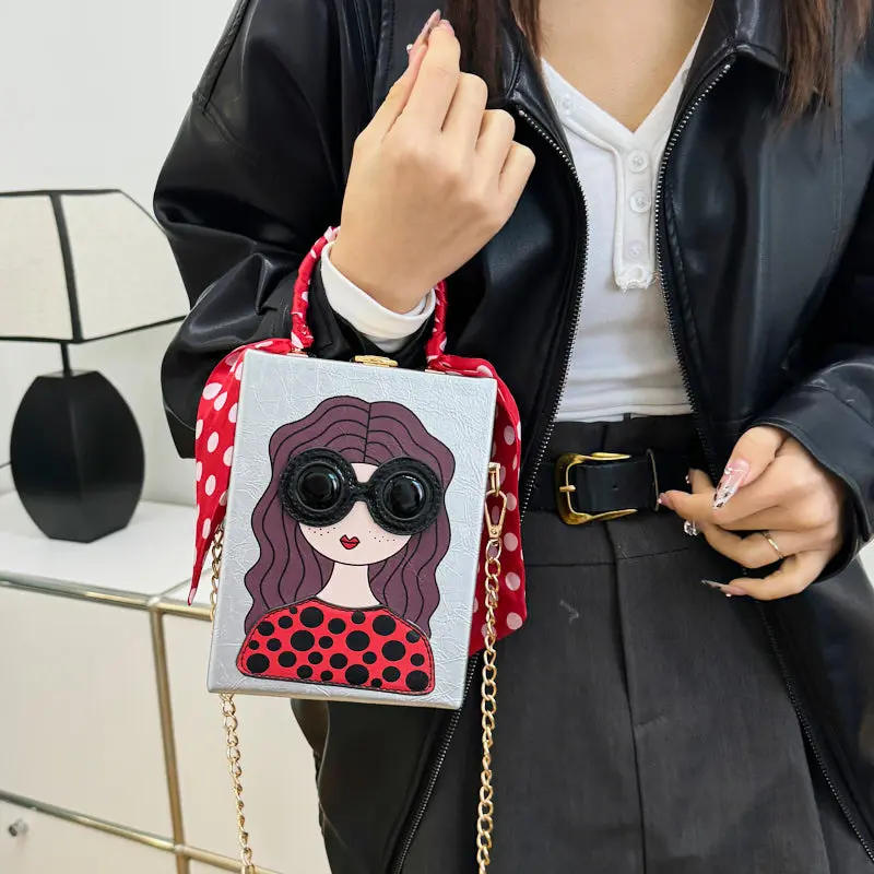 Cute Girls Printed Box Bag Metallic Handle Women Handbag Candy Color Cartoon Shoulder Crossbody Bags for Women Funny Purses Chic