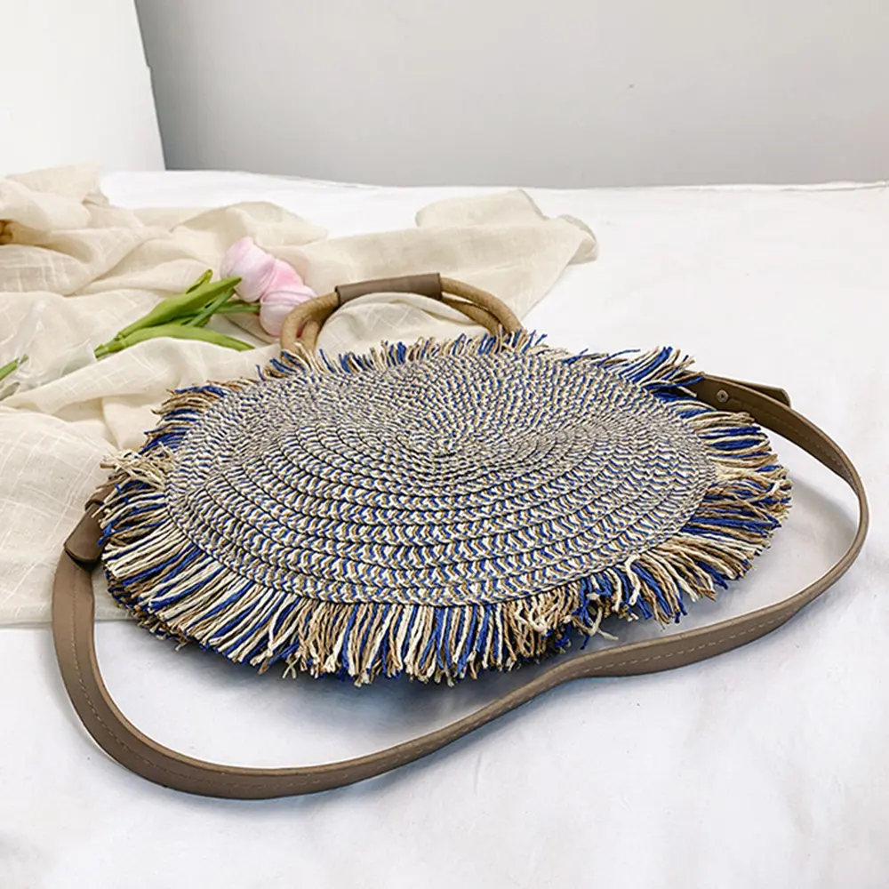 Summer Tassel Round Straw Bag Handmade Crochet Women Shoulder Bag Travel Beach Bags for Women 2025 Handbag Knitting Woven Bags