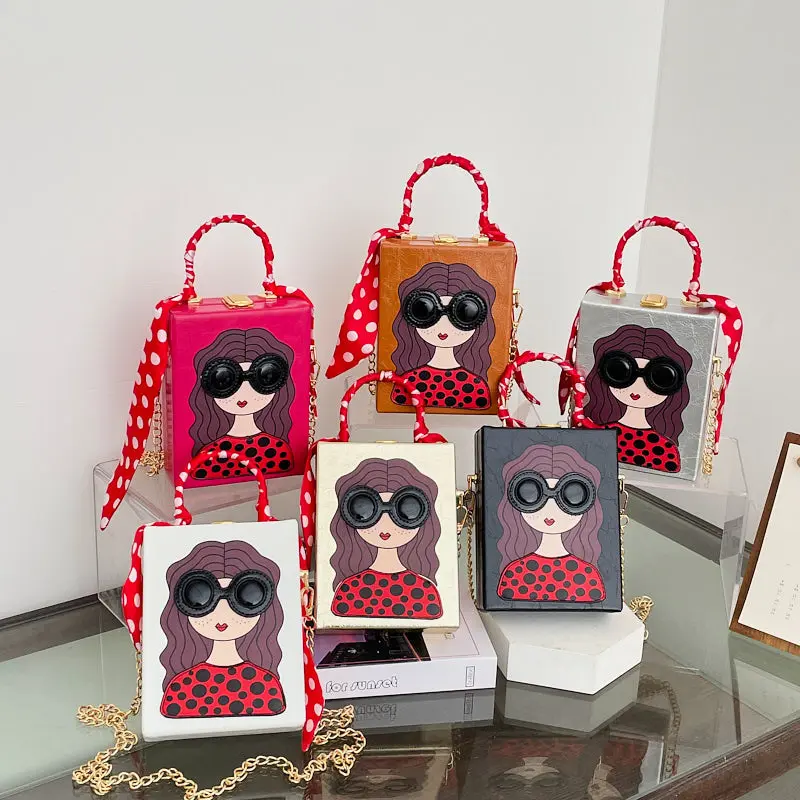 Cute Girls Printed Box Bag Metallic Handle Women Handbag Candy Color Cartoon Shoulder Crossbody Bags for Women Funny Purses Chic
