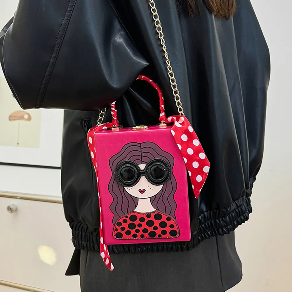 Cute Girls Printed Box Bag Metallic Handle Women Handbag Candy Color Cartoon Shoulder Crossbody Bags for Women Funny Purses Chic
