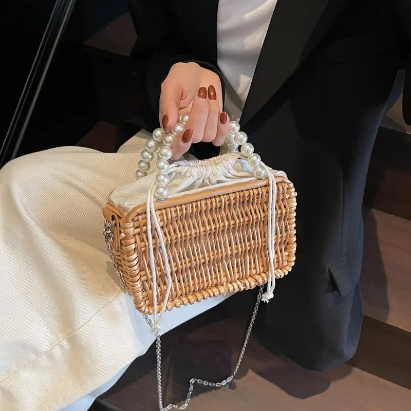 Bohemian Woven Straw Basket Bag Pearls Beaded Rattan Bags for Women Handbag Summer Travel Beach Shoulder Crossbody Bag Box Purse