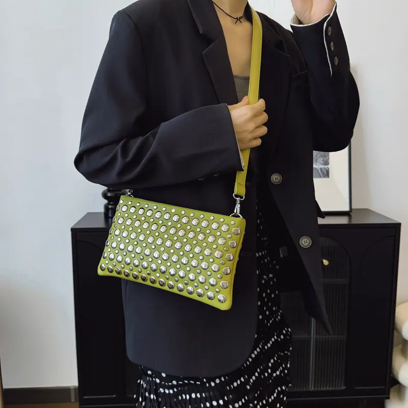 Punk Rivet Crossbody Bags for Women Soft PU Leather Shoulder Bag Luxury Studded Purses and Handbags Square Phone Flap Clutch NEW