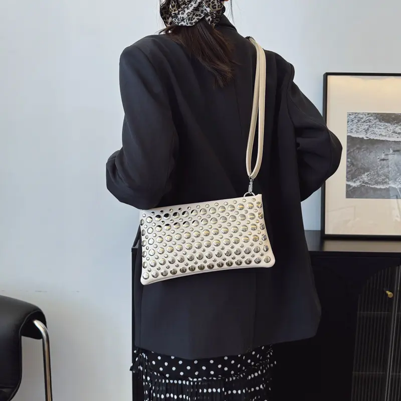 Punk Rivet Crossbody Bags for Women Soft PU Leather Shoulder Bag Luxury Studded Purses and Handbags Square Phone Flap Clutch NEW