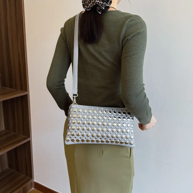 Punk Rivet Crossbody Bags for Women Soft PU Leather Shoulder Bag Luxury Studded Purses and Handbags Square Phone Flap Clutch NEW