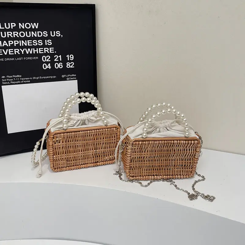 Bohemian Woven Straw Basket Bag Pearls Beaded Rattan Bags for Women Handbag Summer Travel Beach Shoulder Crossbody Bag Box Purse