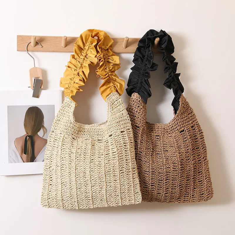NEW Ruched Beach Bag Handbags Summer Woven Straw Bags for Women Tote Vacation Travel Shopper Shoulder Bag Crochet Purses 2025