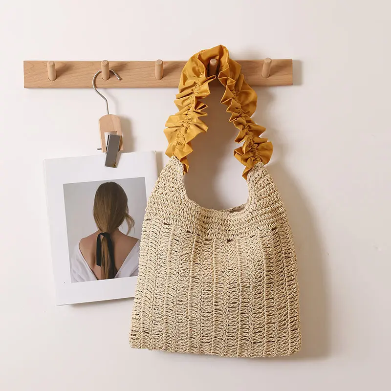 NEW Ruched Beach Bag Handbags Summer Woven Straw Bags for Women Tote Vacation Travel Shopper Shoulder Bag Crochet Purses 2025