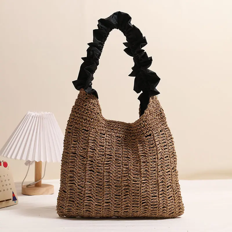 NEW Ruched Beach Bag Handbags Summer Woven Straw Bags for Women Tote Vacation Travel Shopper Shoulder Bag Crochet Purses 2025