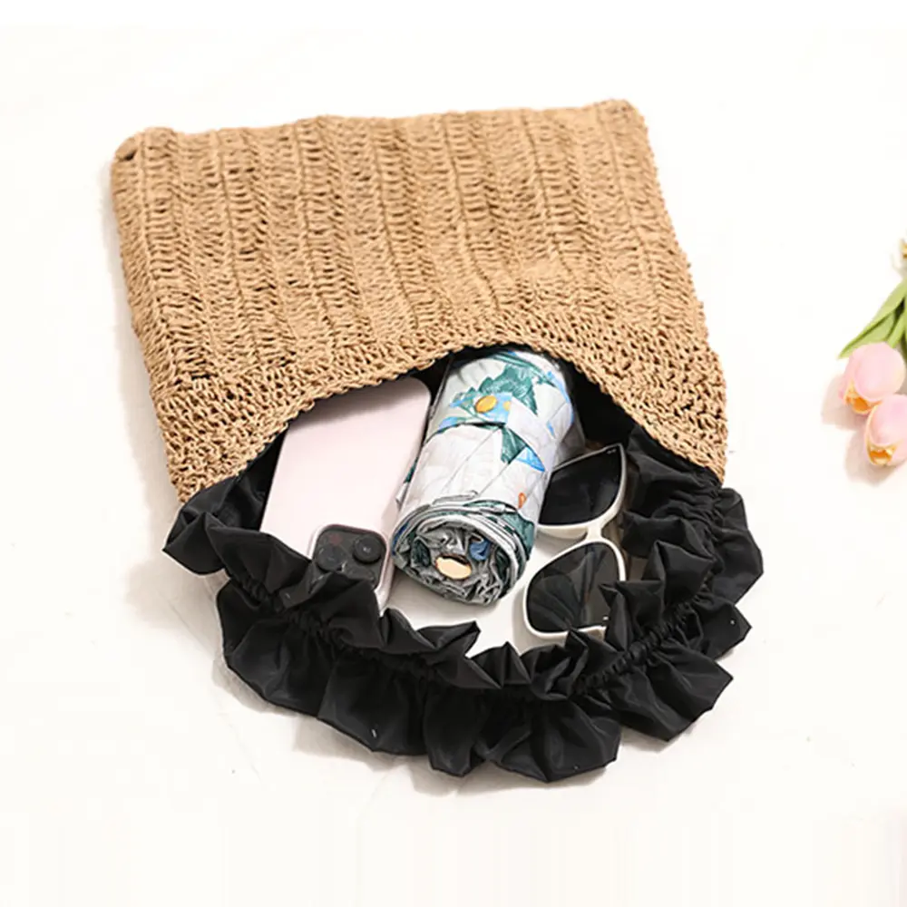NEW Ruched Beach Bag Handbags Summer Woven Straw Bags for Women Tote Vacation Travel Shopper Shoulder Bag Crochet Purses 2025