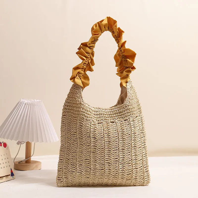 NEW Ruched Beach Bag Handbags Summer Woven Straw Bags for Women Tote Vacation Travel Shopper Shoulder Bag Crochet Purses 2025