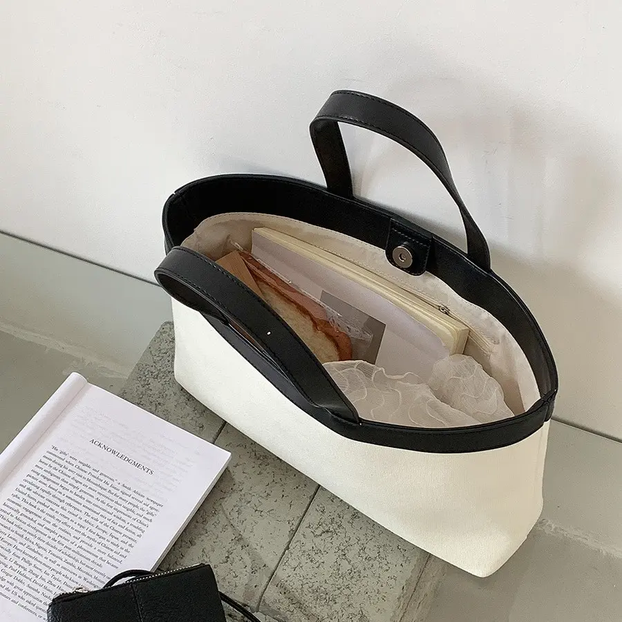 Casual Canvas Tote Bags for Women PU Leather Patchwork Handbag Commuting Shopper Purses Female Korean Style Women Shoulder Bag