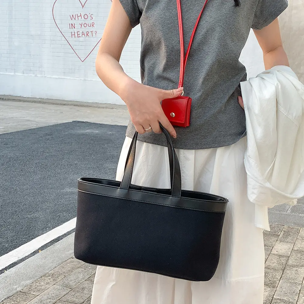 Casual Canvas Tote Bags for Women PU Leather Patchwork Handbag Commuting Shopper Purses Female Korean Style Women Shoulder Bag