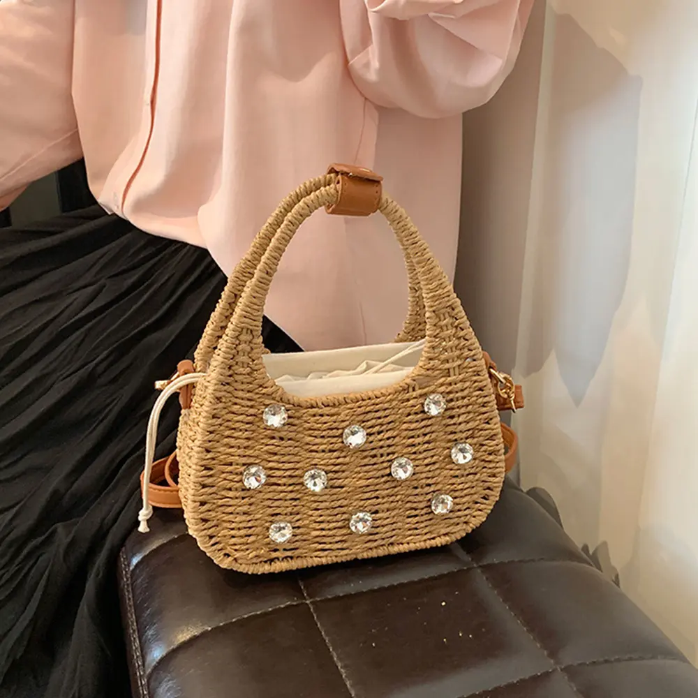 Diamond Woven Straw Bag Summer Travel Beach Bags for Women Handbags 2025 Bohemian Clip Shoulder Crossbody Bag Knitted Clutch NEW