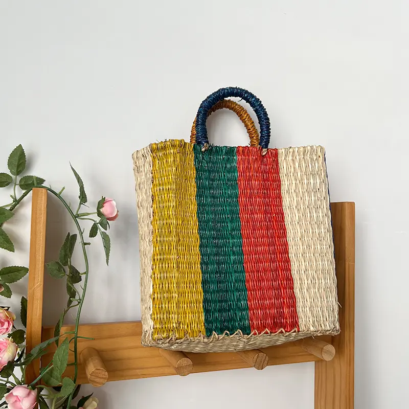 Colorful Striped Straw Bag Tote Handmade Woven Beach Bags for Women Handbags Travel Rattan Bags Shopper Shoulder Bag Purses NEW