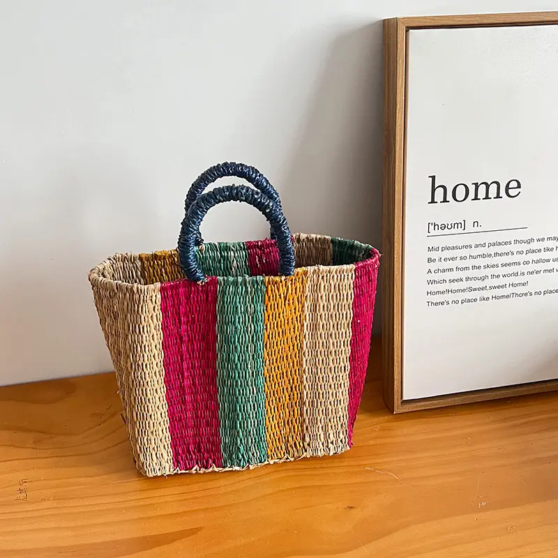 Colorful Striped Straw Bag Tote Handmade Woven Beach Bags for Women Handbags Travel Rattan Bags Shopper Shoulder Bag Purses NEW