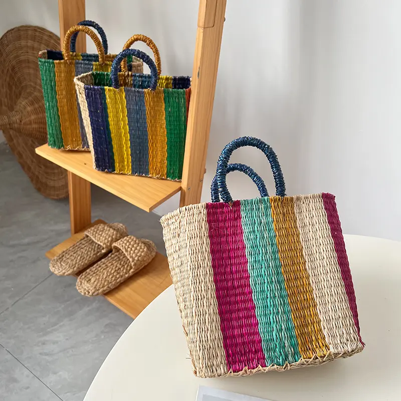 Colorful Striped Straw Bag Tote Handmade Woven Beach Bags for Women Handbags Travel Rattan Bags Shopper Shoulder Bag Purses NEW