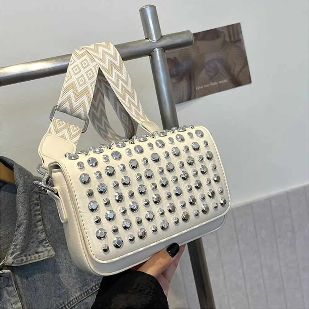 Fashion Rivet Women Shoulder Bag Studded with Thumbtack Crossbody Bags for Women Wide Strap Phone Purses Flap PU Leather Handbag