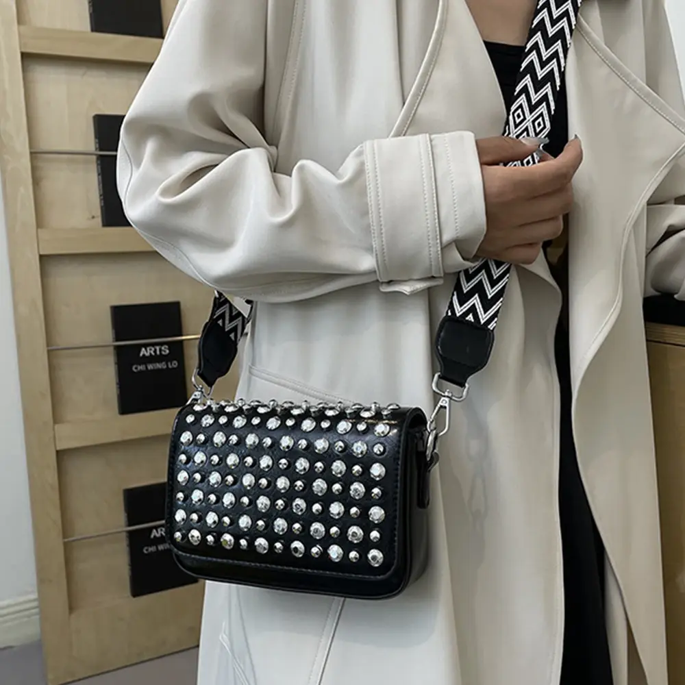 Fashion Rivet Women Shoulder Bag Studded with Thumbtack Crossbody Bags for Women Wide Strap Phone Purses Flap PU Leather Handbag