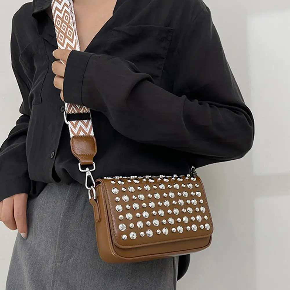 Fashion Rivet Women Shoulder Bag Studded with Thumbtack Crossbody Bags for Women Wide Strap Phone Purses Flap PU Leather Handbag