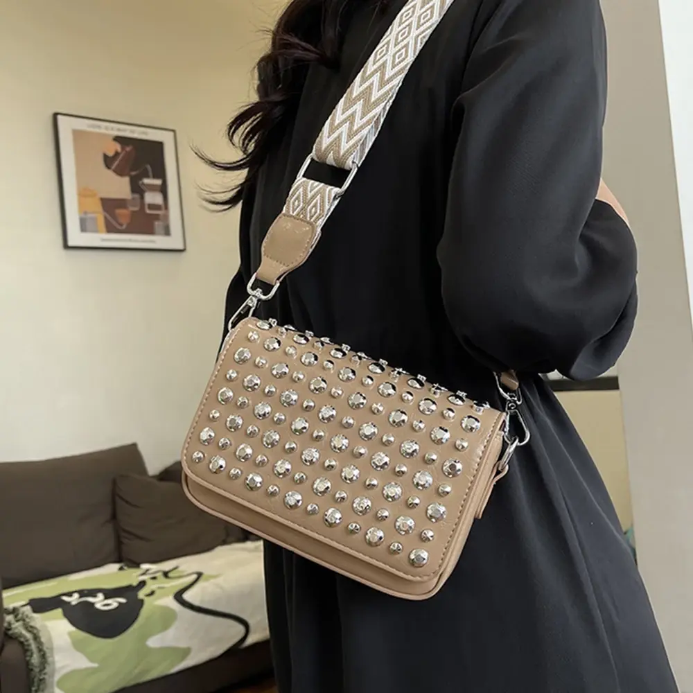 Fashion Rivet Women Shoulder Bag Studded with Thumbtack Crossbody Bags for Women Wide Strap Phone Purses Flap PU Leather Handbag