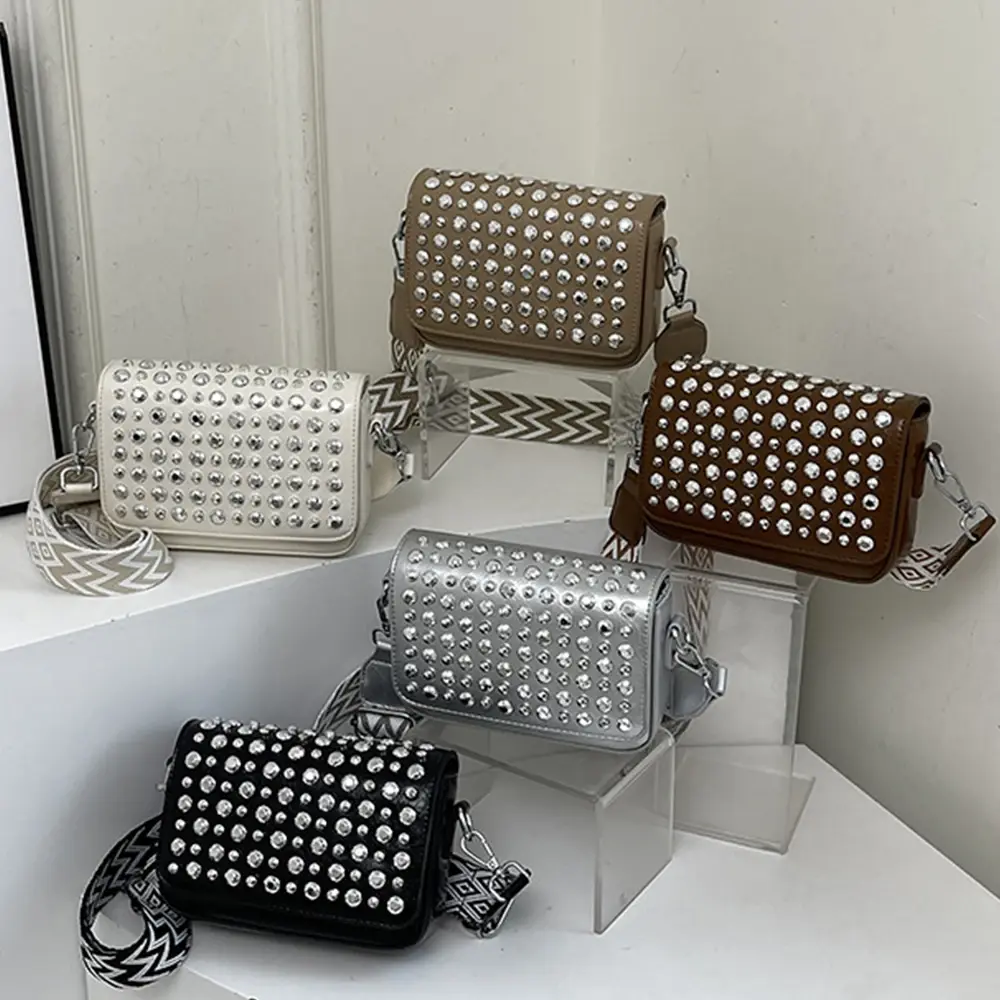 Fashion Rivet Women Shoulder Bag Studded with Thumbtack Crossbody Bags for Women Wide Strap Phone Purses Flap PU Leather Handbag