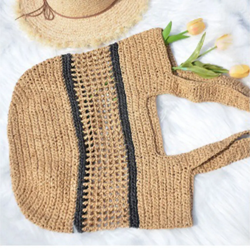 Overlarge Woven Straw Bag Handbags Bohemian Hollow Shoulder Bag Paper Rope Knitting Beach Bags for Women Striped Shopper Tote
