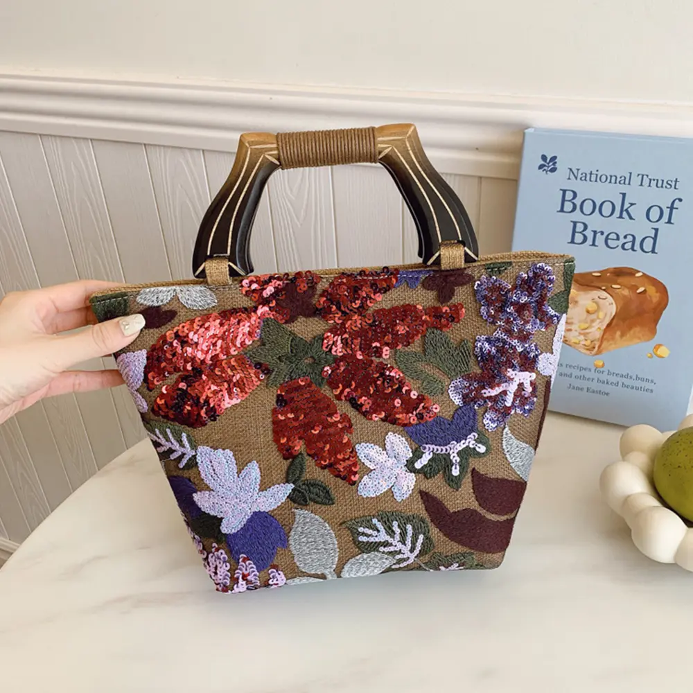 Sequined Embroidery Tote Bag Floral Applique Women Handbag Mesh Linen Basket Bags for Women Wooden Handle Clutch Purses NEW
