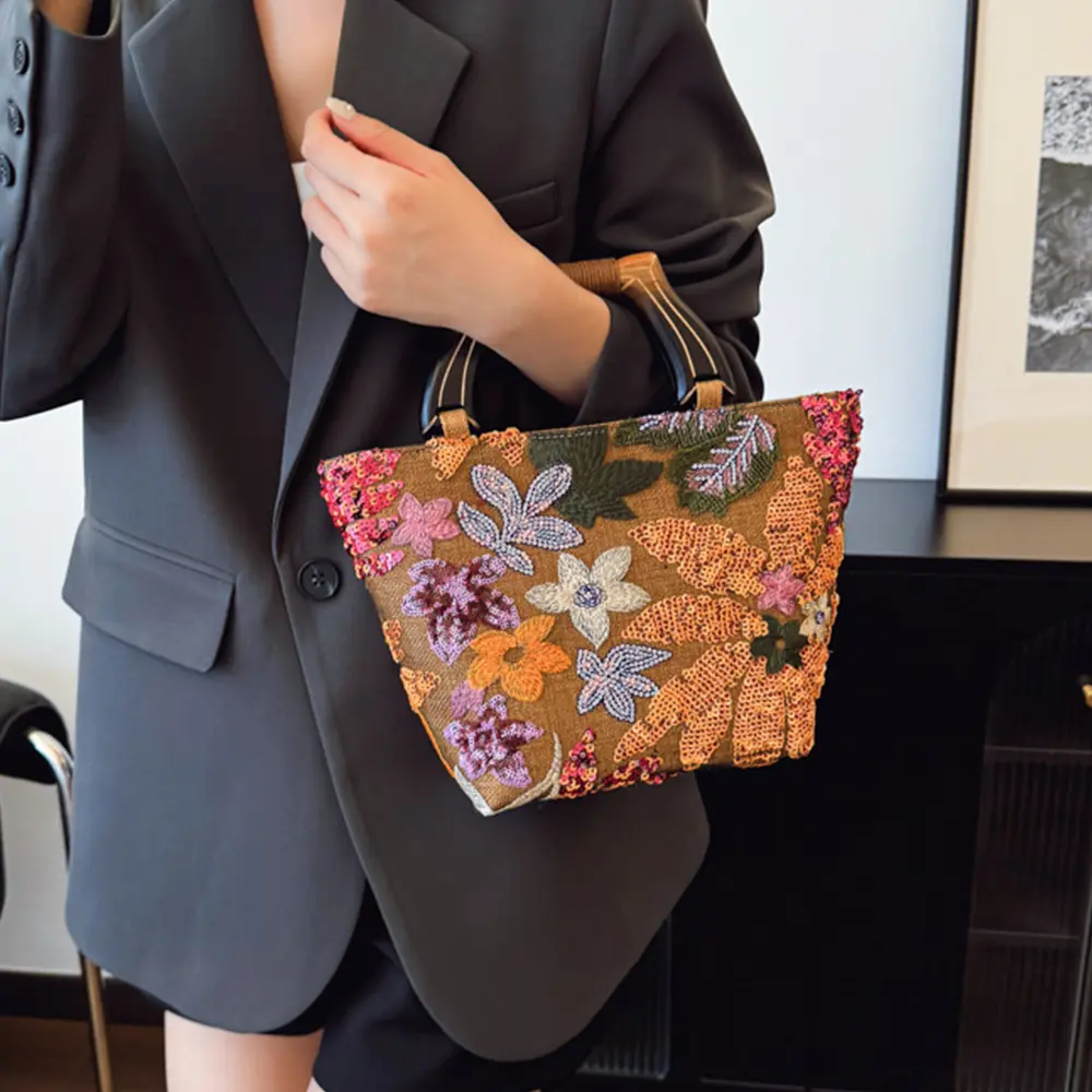 Sequined Embroidery Tote Bag Floral Applique Women Handbag Mesh Linen Basket Bags for Women Wooden Handle Clutch Purses NEW