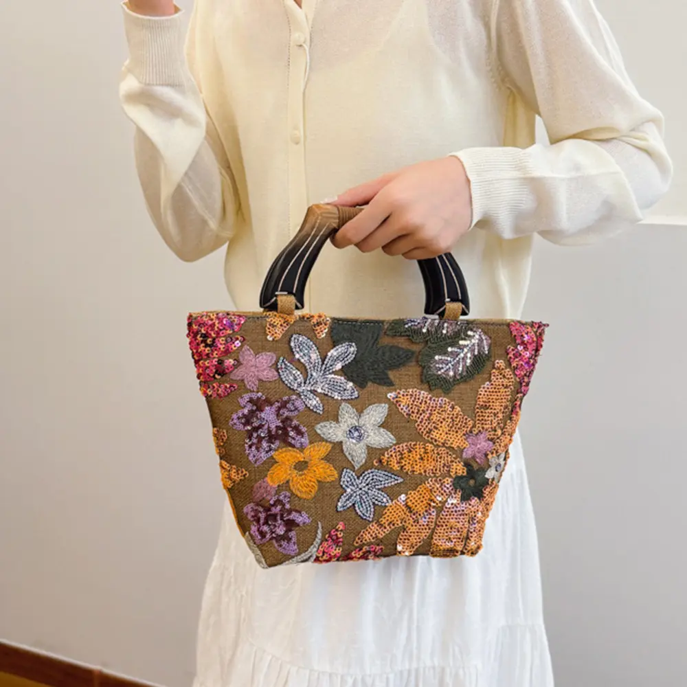 Sequined Embroidery Tote Bag Floral Applique Women Handbag Mesh Linen Basket Bags for Women Wooden Handle Clutch Purses NEW