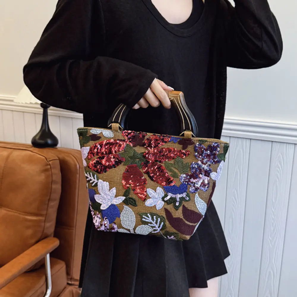 Sequined Embroidery Tote Bag Floral Applique Women Handbag Mesh Linen Basket Bags for Women Wooden Handle Clutch Purses NEW