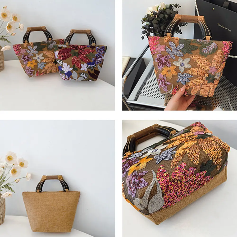 Sequined Embroidery Tote Bag Floral Applique Women Handbag Mesh Linen Basket Bags for Women Wooden Handle Clutch Purses NEW