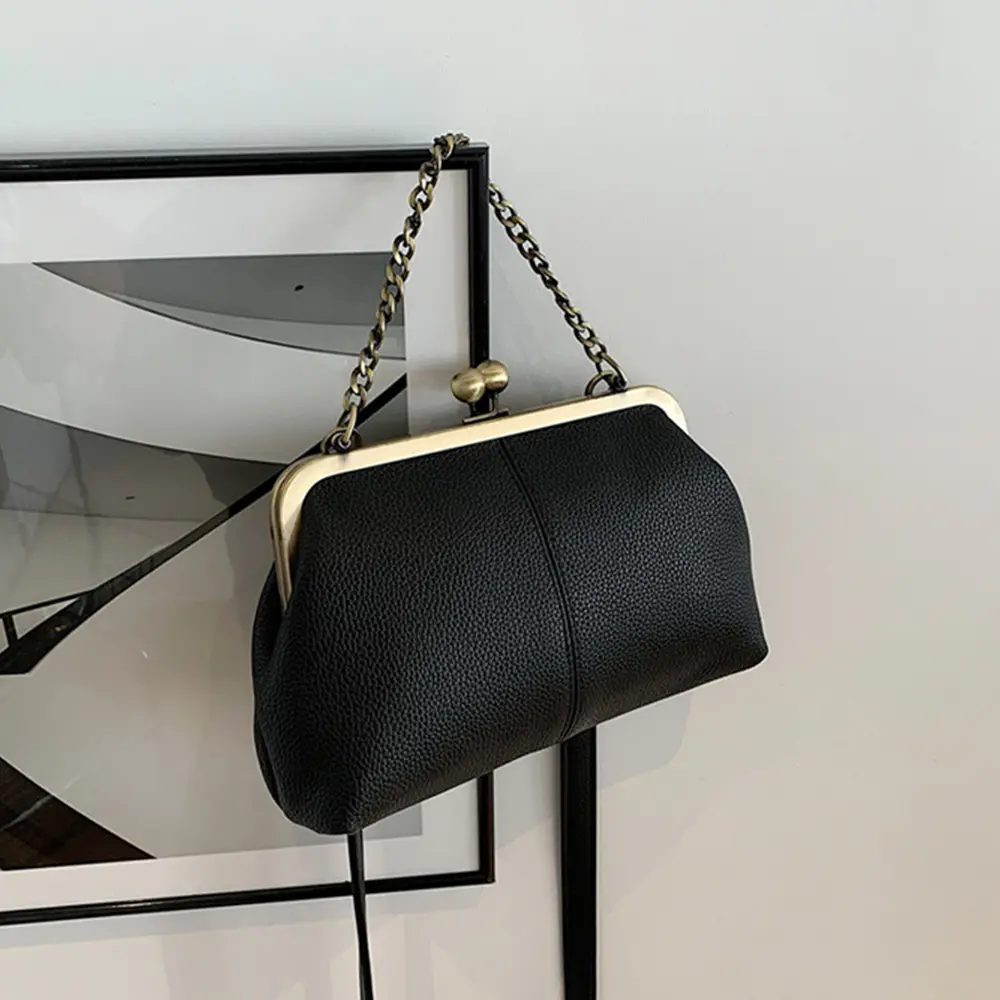 Vintage Shell Clip Shoulder Bag Lichee Pattern Frame Handbags Chains Sling Crossbody Bags for Women Kisslock Coin Lipstick Purse