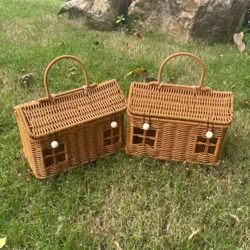 Funny House Box Handbag PP Material Picnic Storage Basket Bags for Women Designer Faux Rattan Beach Bag Square Purses Clutch New
