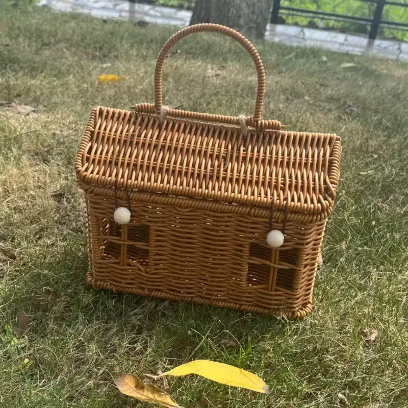 Funny House Box Handbag PP Material Picnic Storage Basket Bags for Women Designer Faux Rattan Beach Bag Square Purses Clutch New