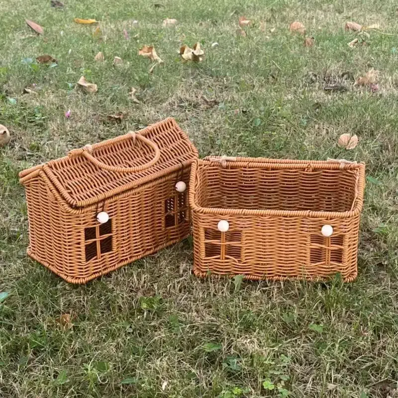 Funny House Box Handbag PP Material Picnic Storage Basket Bags for Women Designer Faux Rattan Beach Bag Square Purses Clutch New