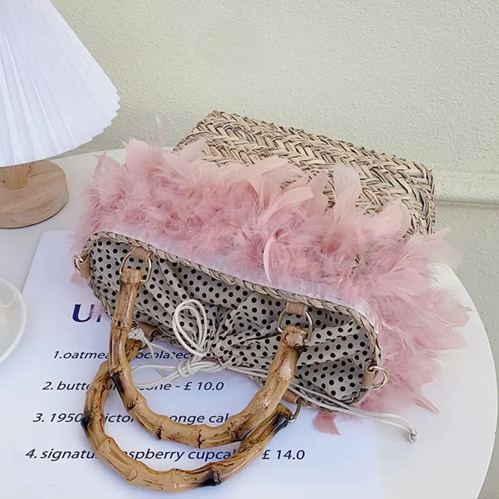 Bohemian Feather Straw Bag Handbag Designer Bamboo Handle Basket Bag Shoulder Bags for Women 2023 Travel Woven Rattan Beach Bags