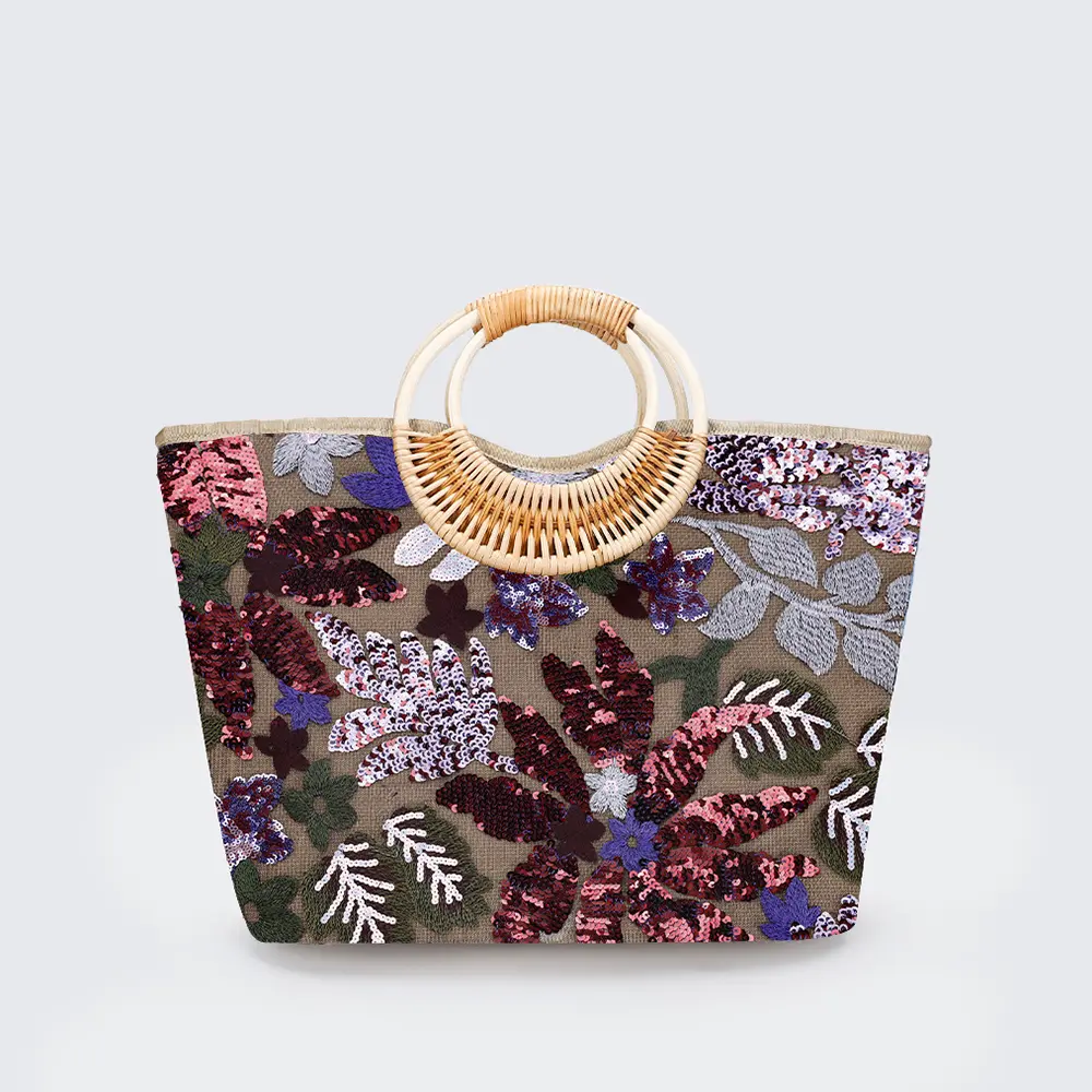 Flower Sequins Embroidery Women Handbag Round Rattan Handle Beach Bags for Women Large Embroidery Basket Bag Travel Shopper Tote