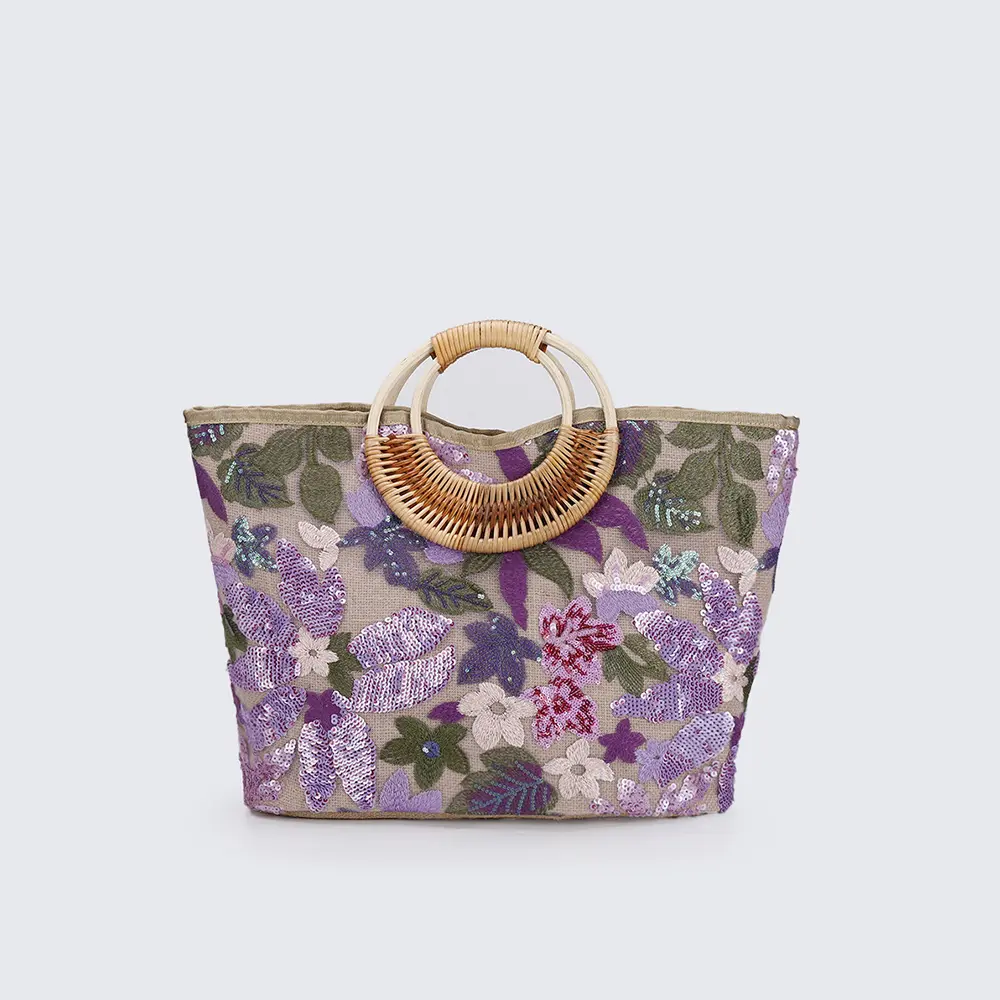 Flower Sequins Embroidery Women Handbag Round Rattan Handle Beach Bags for Women Large Embroidery Basket Bag Travel Shopper Tote
