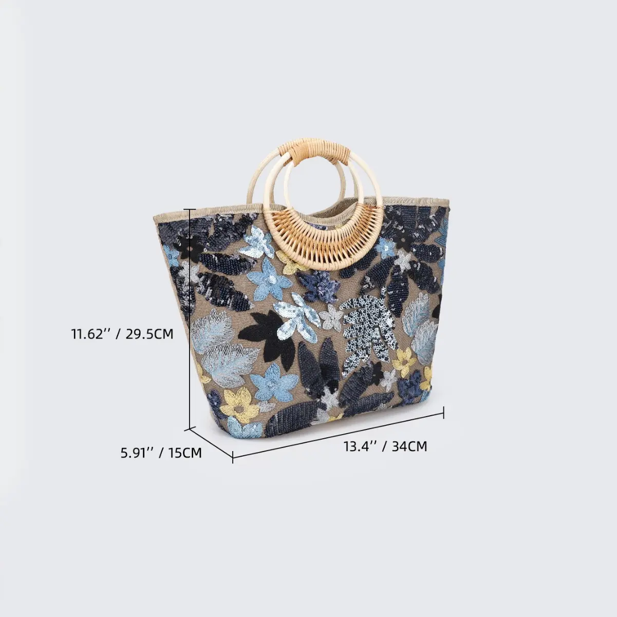 Flower Sequins Embroidery Women Handbag Round Rattan Handle Beach Bags for Women Large Embroidery Basket Bag Travel Shopper Tote