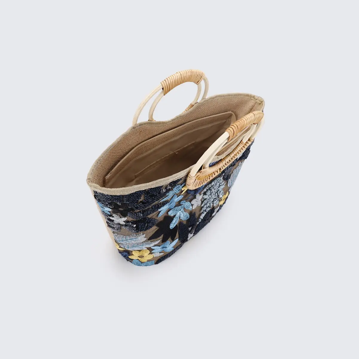 Flower Sequins Embroidery Women Handbag Round Rattan Handle Beach Bags for Women Large Embroidery Basket Bag Travel Shopper Tote