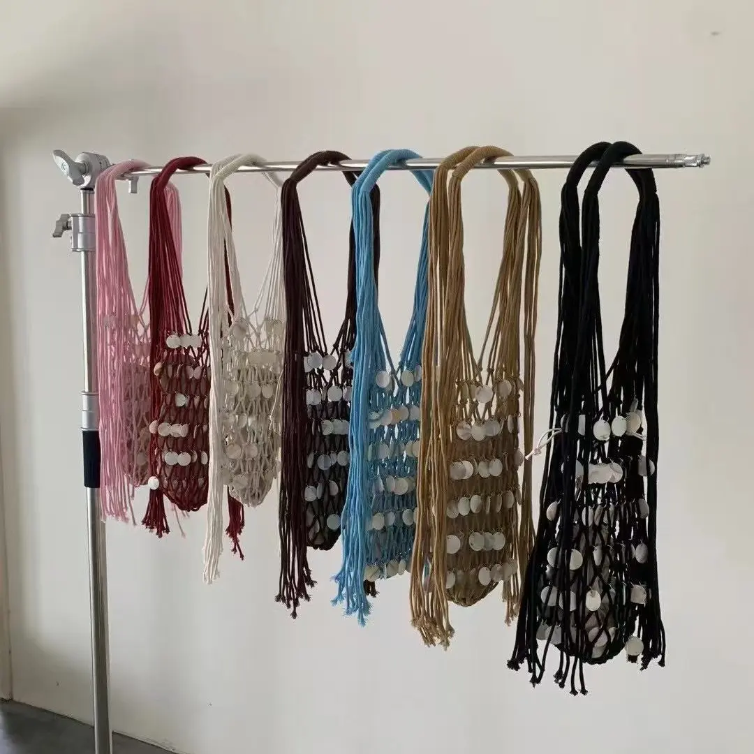 Hollow Tassel Bucket Bag Woven Mesh String Shoulder Bag Shell Sequins Handbag Women Bags Rope Crochet Beach Bags for Women Tote