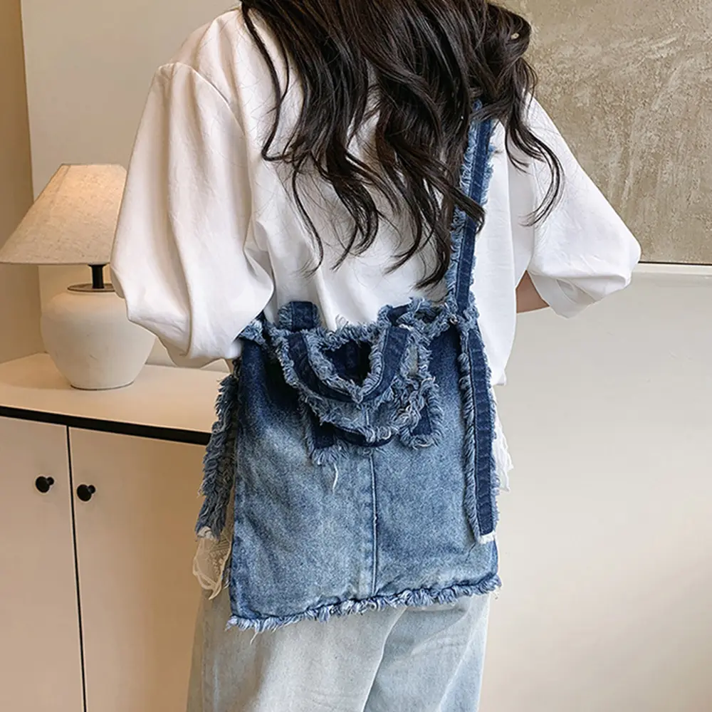 Casual Gradient Tote Bag Denim Shoulder Bags for Women 2025 Fashion Canvas Crossbody Bag Small Shopper Purses Soft Hobos Female