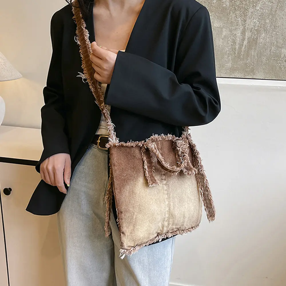 Casual Gradient Tote Bag Denim Shoulder Bags for Women 2025 Fashion Canvas Crossbody Bag Small Shopper Purses Soft Hobos Female