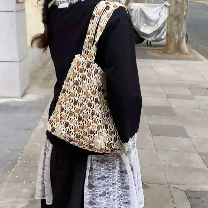 Hollow Crochet Shoulder Bag Luxury Beads Woven Tote Bags for Women Rope Knitting Handbags Shopper Purses Beach Designer Bag NEW