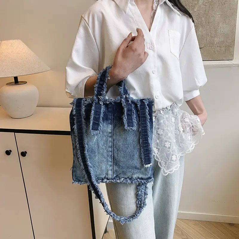 Casual Gradient Tote Bag Denim Shoulder Bags for Women 2025 Fashion Canvas Crossbody Bag Small Shopper Purses Soft Hobos Female