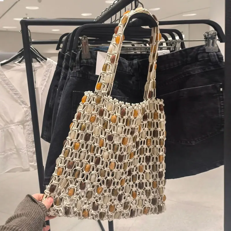 Hollow Crochet Shoulder Bag Luxury Beads Woven Tote Bags for Women Rope Knitting Handbags Shopper Purses Beach Designer Bag NEW