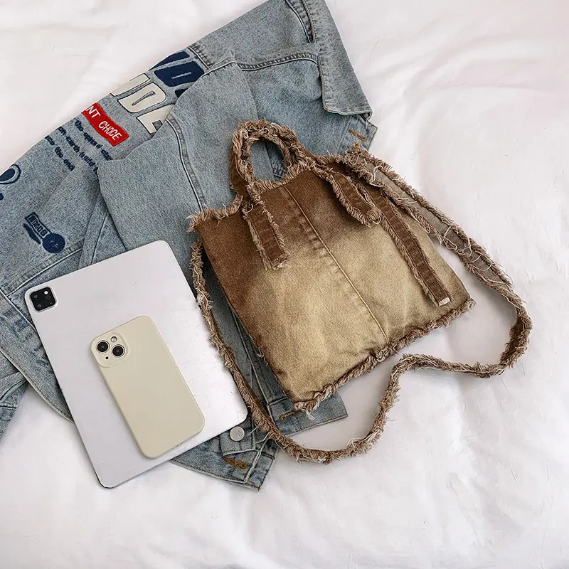 Casual Gradient Tote Bag Denim Shoulder Bags for Women 2025 Fashion Canvas Crossbody Bag Small Shopper Purses Soft Hobos Female