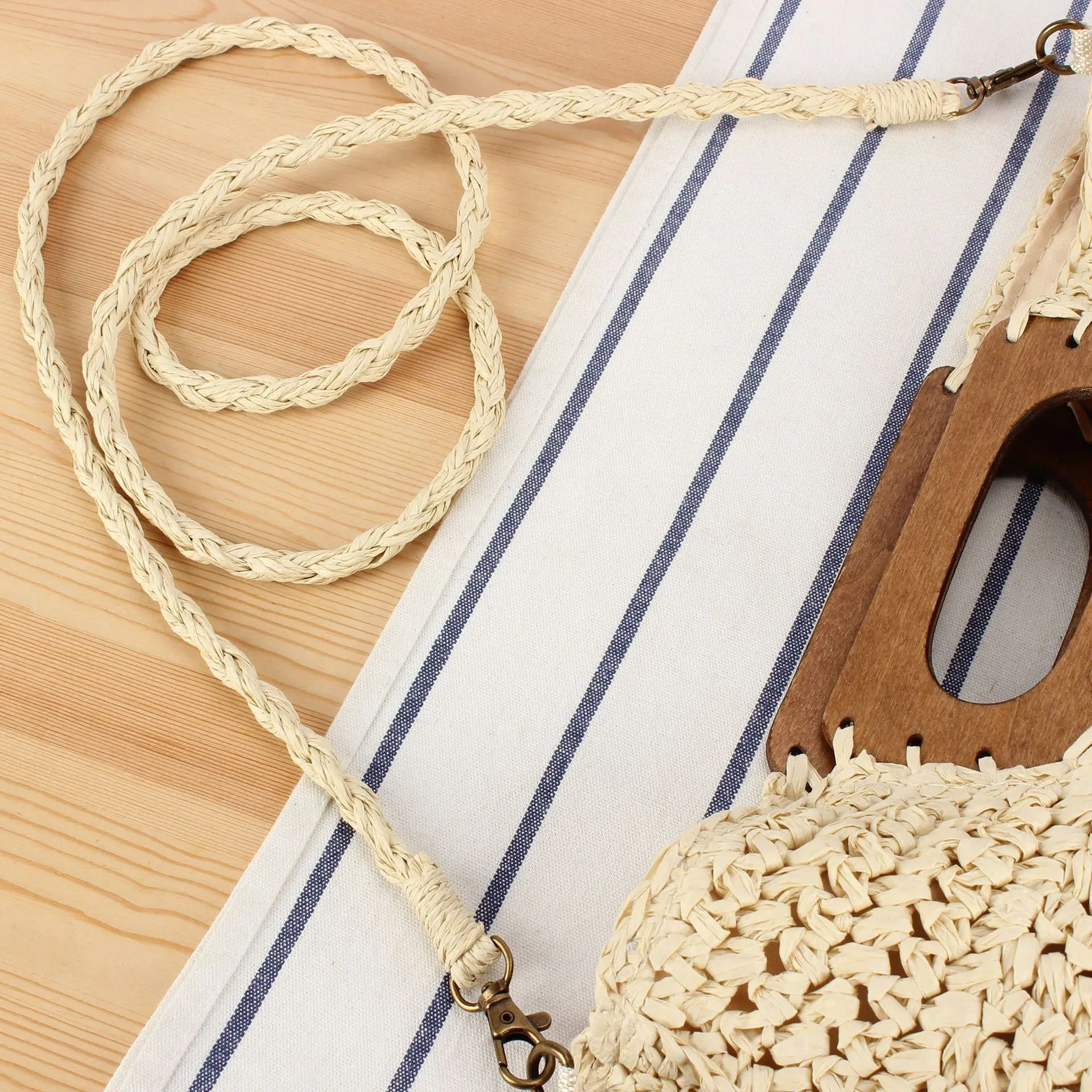 Half Moon Woven Straw Bag Wooden Handle Beach Bags for Women Handbags Paper Rope Shoulder Crossbody Bag Summer Travel Purses NEW